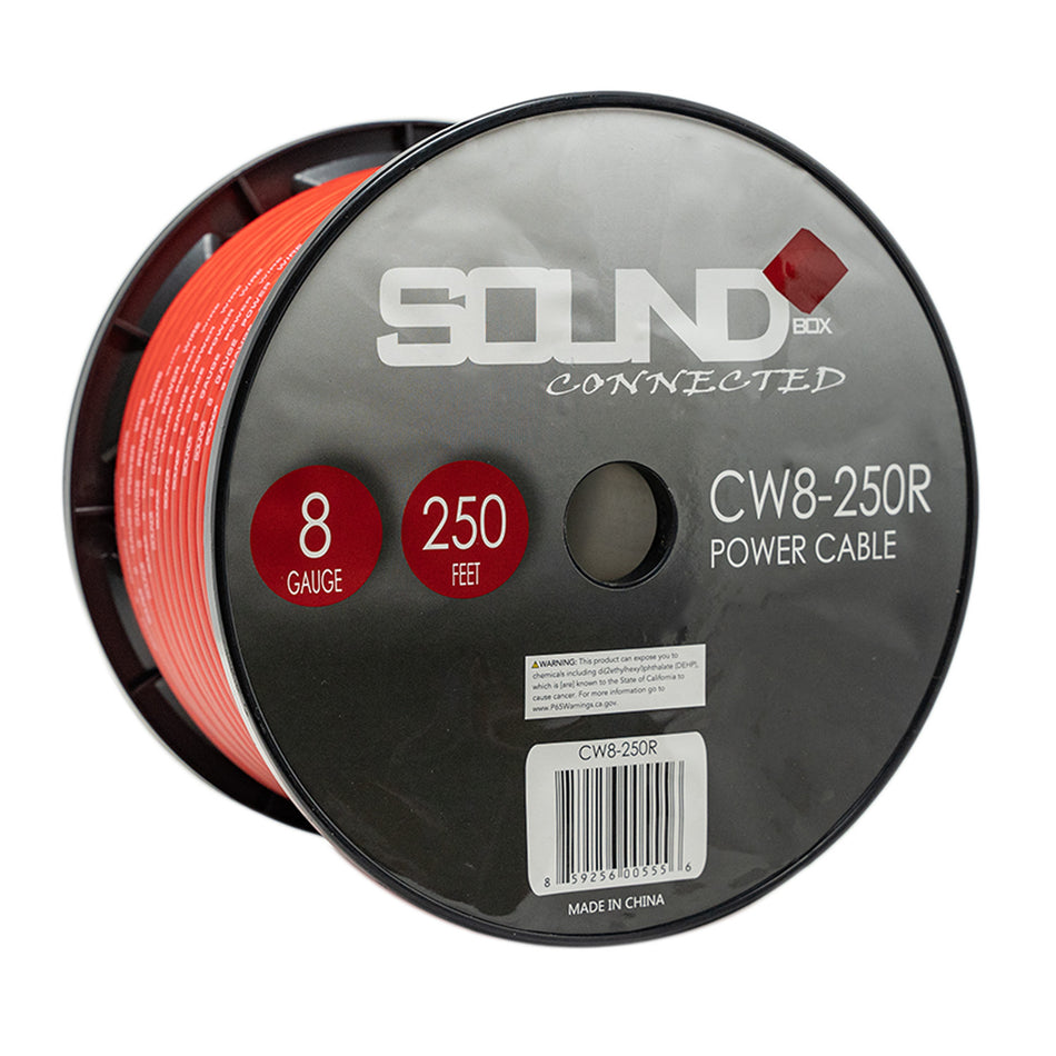 SoundBox CW8-250R, 8 Gauge 250' CCA Amplifier Power / Ground Wire Spool, Red