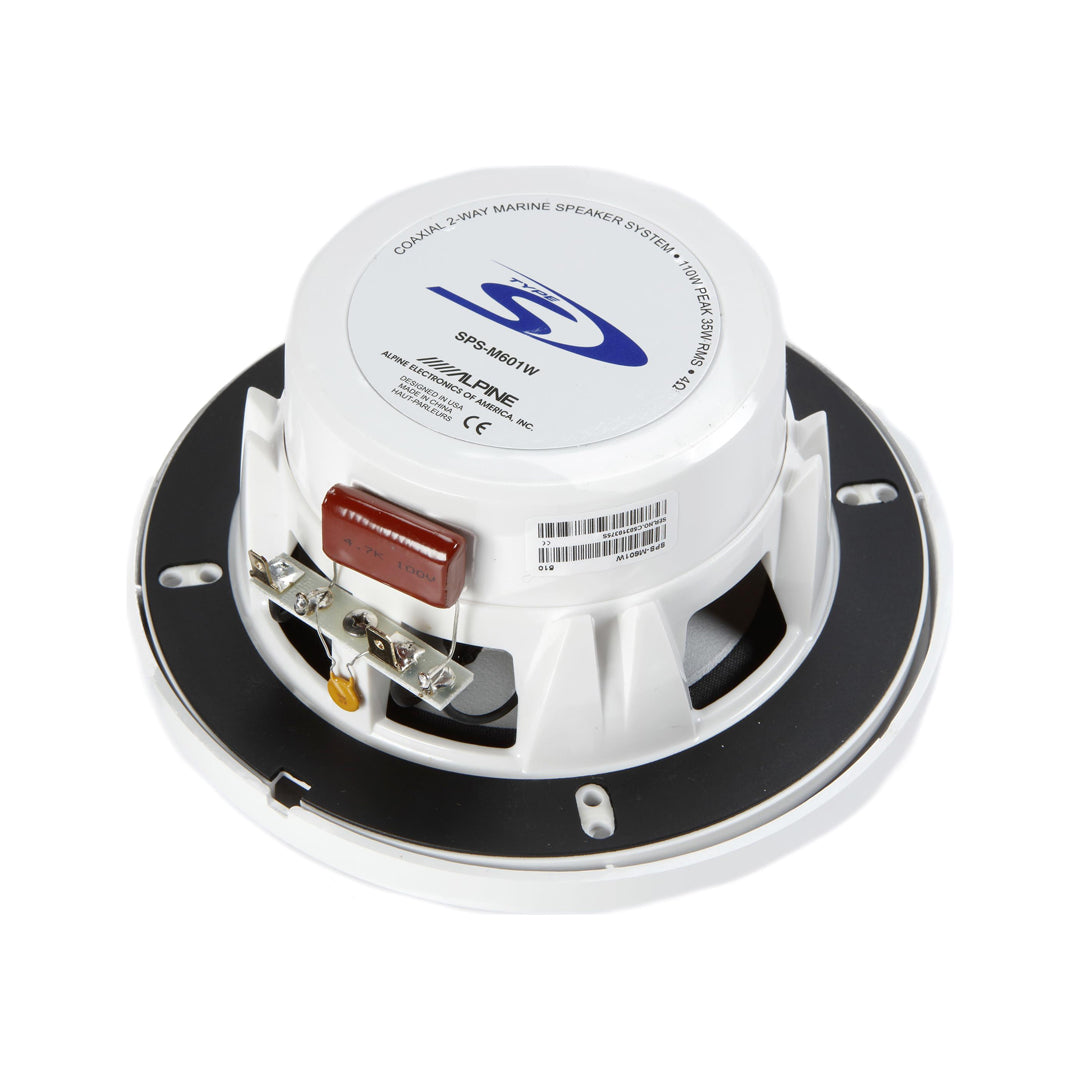 Alpine SPS-M601W, S Series Marine 6" 2-Way Coaxial Speaker, 110 Watts Peak Power (White Grille)