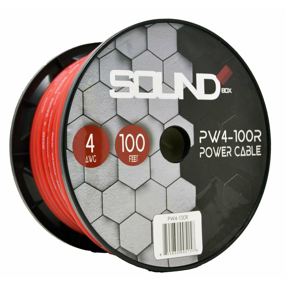 SoundBox PK4-100R, 4 Gauge 100' Copper Amplifier Power / Ground Wire, Red