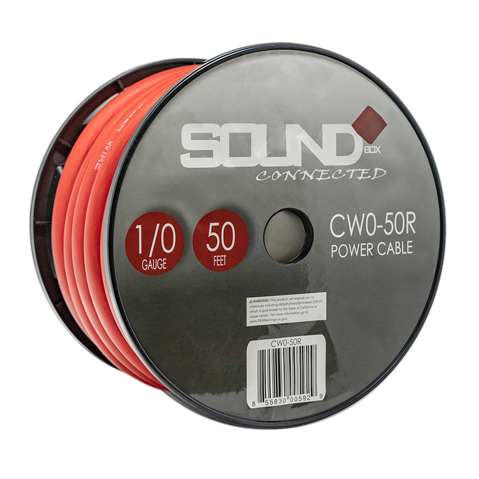 SoundBox CW0-50R, 0 Gauge 50' CCA Amplifier Power / Ground Wire Spool, Red