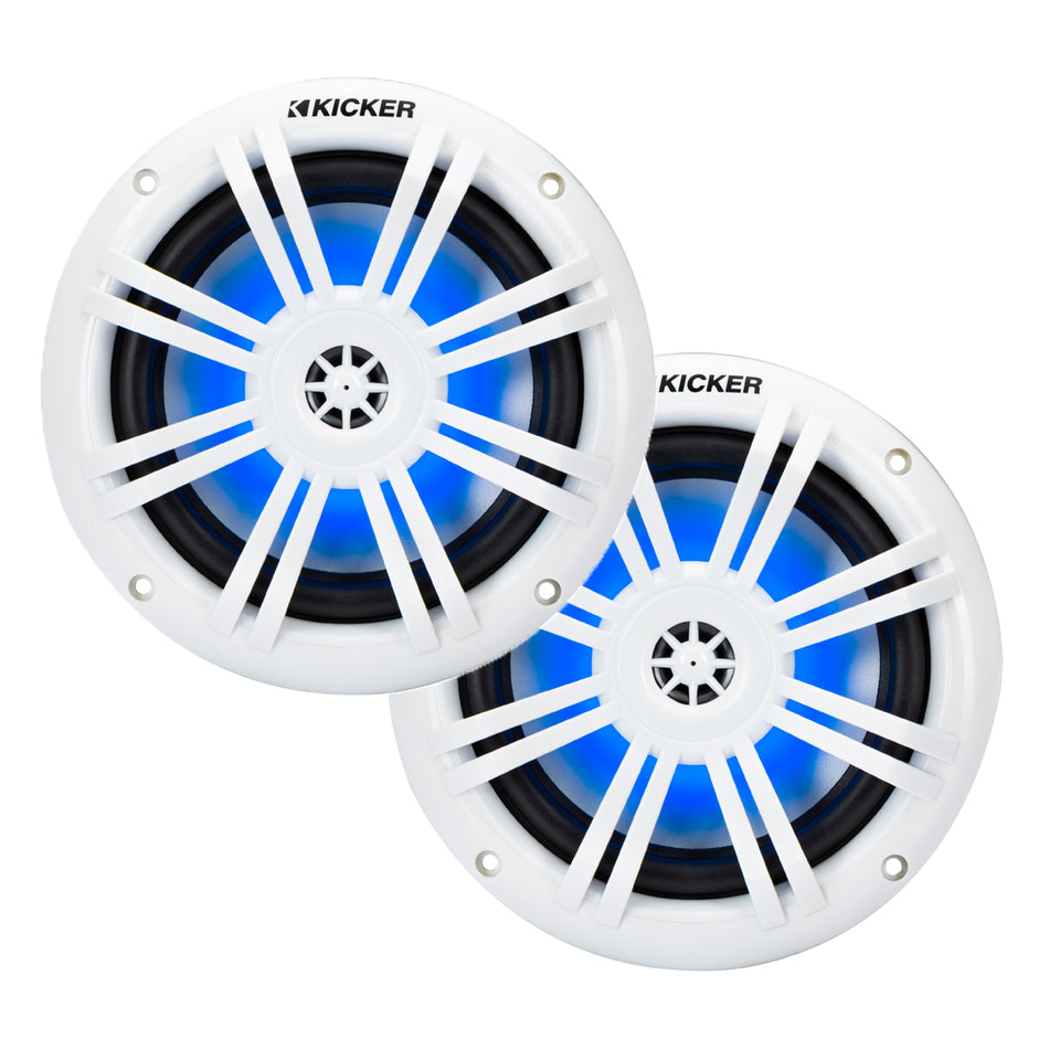 Kicker KM604WL, KM 6.5" 2-Way Coaxial Marine Speakers White w/ Blue LED (49KM604WL)