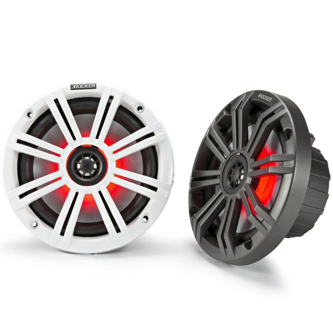 Kicker KM654L, KM 6.5" Marine Coaxial Speakers w/ 3/4" (20mm) Tweeters, LED, 4-Ohm, Charcoal and White Grilles (45KM654L)