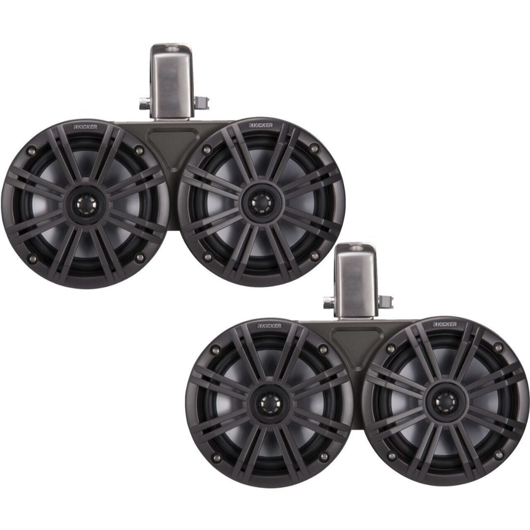 Kicker KMTDC65, KMTC65 (165mm) Loaded Marine Dual Cans with 45KM654L speaker pairs; charcoal grill on black can (45KMTDC65)