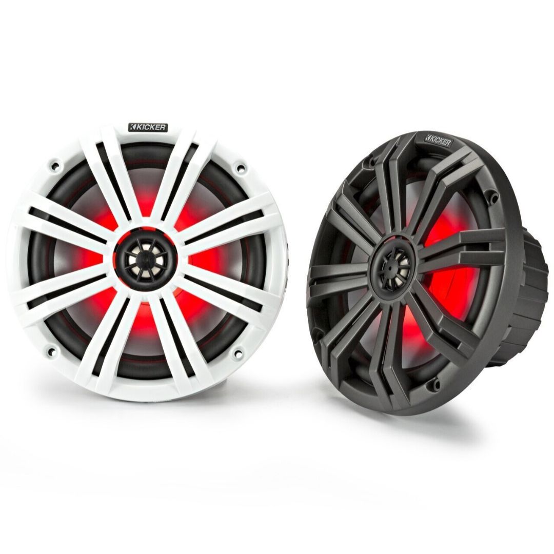 Kicker KM84L, KM 8" Marine Coaxial Speakers w/ 1" (25mm) Tweeters, LED, 4-Ohm, Charcoal and White Grilles (45KM84L)