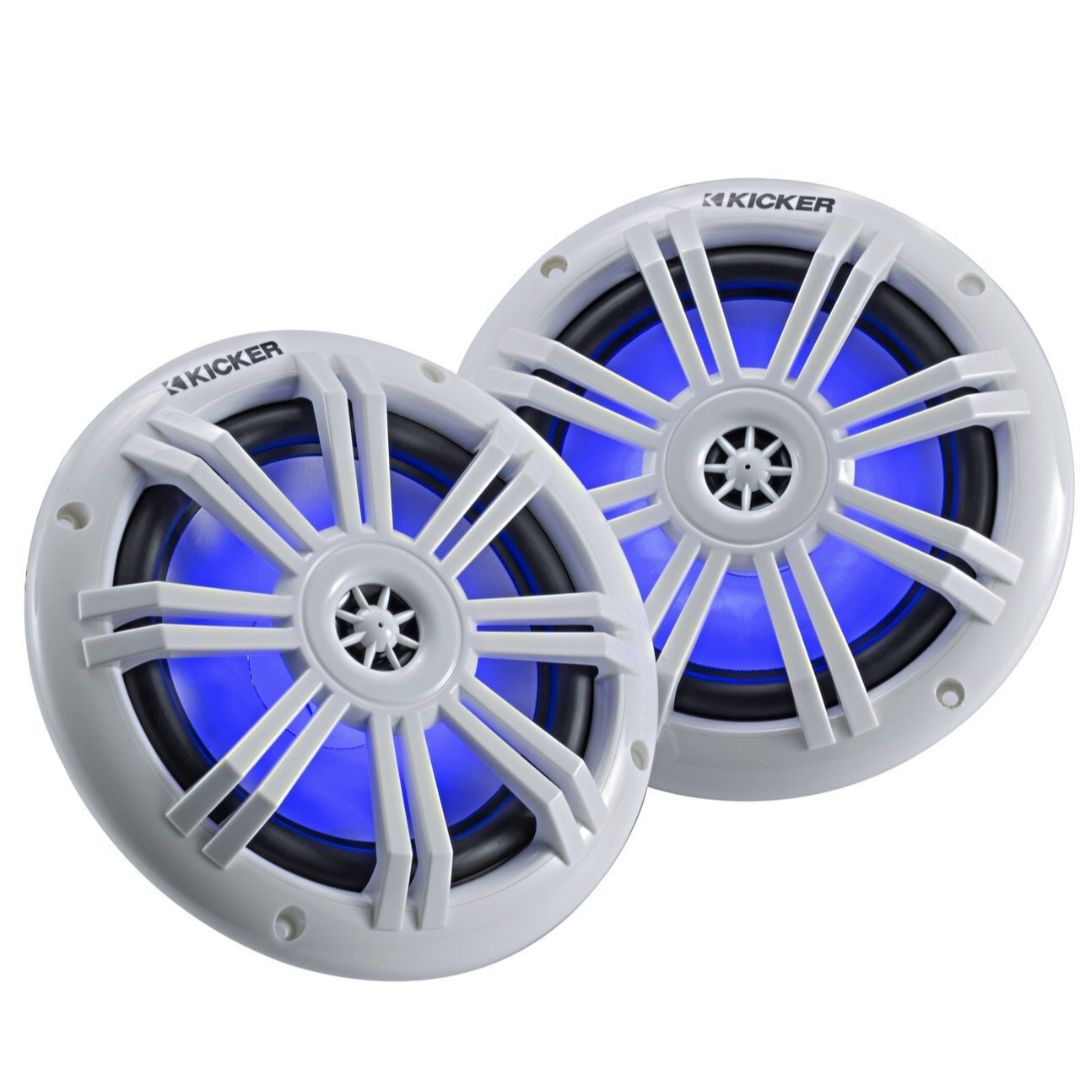 Kicker KM604WL, KM 6.5" Marine Coaxial Speakers w/ 1/2" (13mm) Tweeters, White, 4-Ohm) w/ Blue LED (45KM604WL)