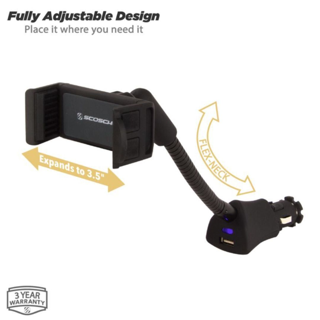 Scosche H12VFXM, Universal Power Socket Flex Mount + USB Charging Port